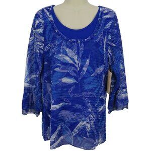 Multiples Top Womens Size Small Blue Beaded Scoop Neck 3/4 Sleeve Layered Mesh